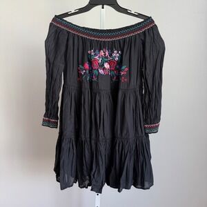 Free People Embroidered Off Shoulder Fairy Dress Black Boho Peasant XS‎